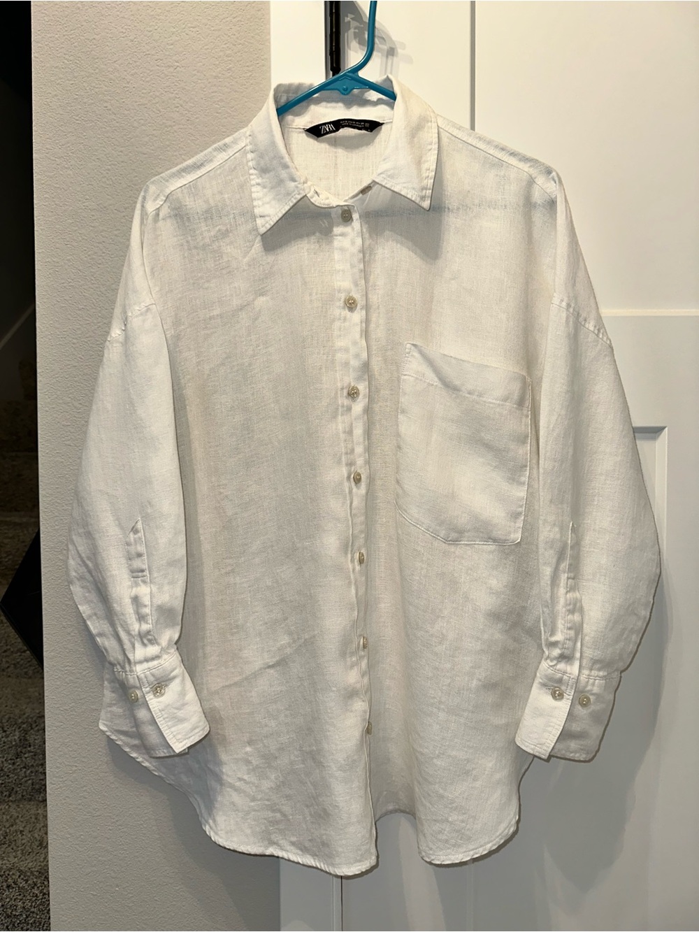 Zara Women’s White Linen Button-Up Shirt with Chest Pocket